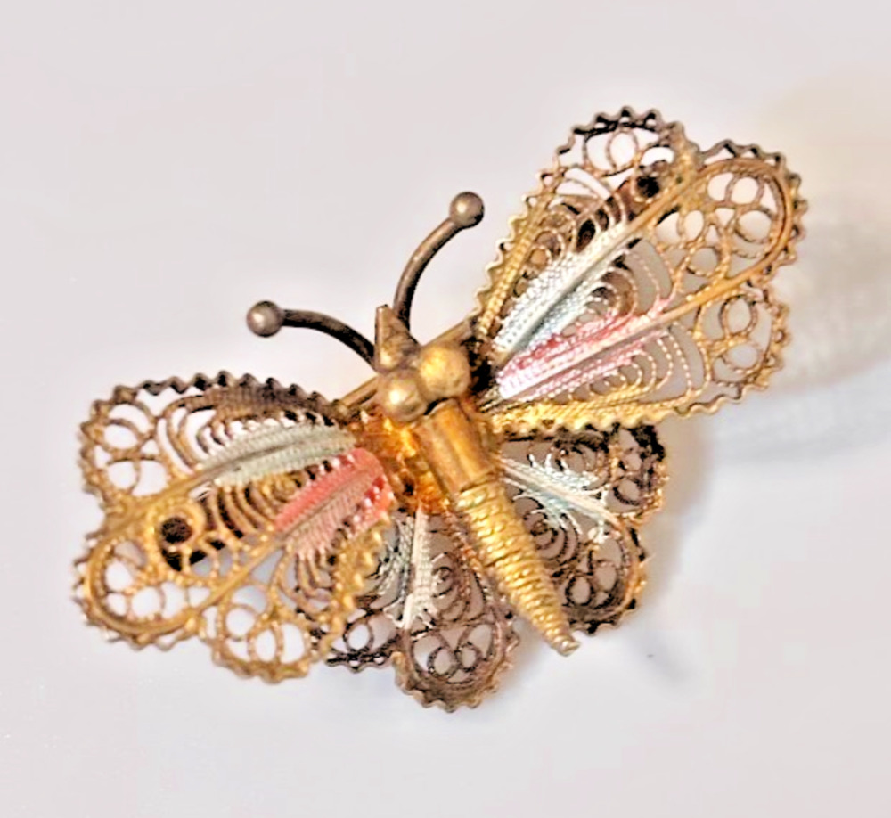 Vintage Italian 800 Silver Vermeil Filigree Butterfly Brooch Pink Enamel 1.5"
